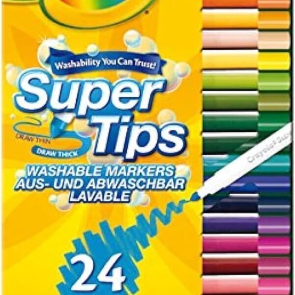 CRAYOLA SuperTips Washable Markers – Assorted Colours (Pack of 24) | Premium Felt Tip Pens That Can Easily Wash Off Skin & Clothing | Ideal for Kids Aged 3+